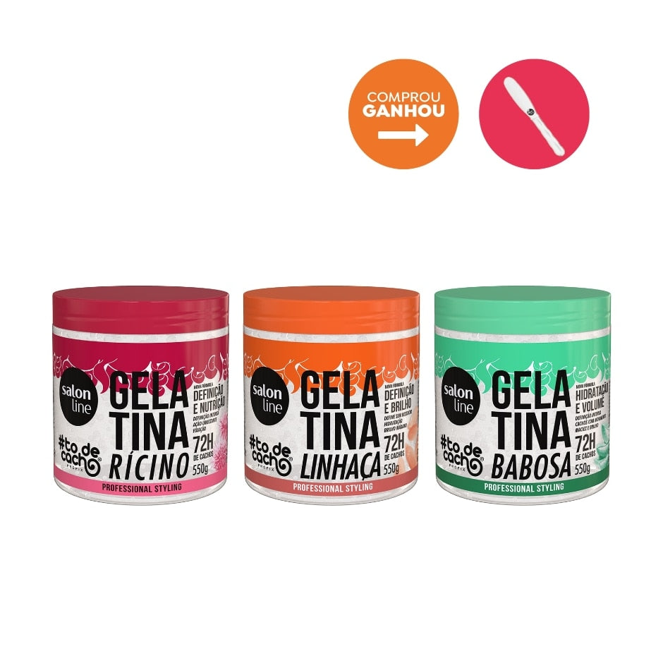 Kit com 3 gelatinas #todecacho Babosa, Linhaça e Óleo de Rícino Salon Line